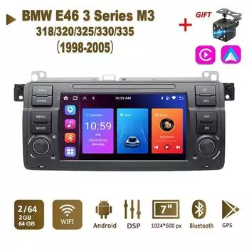 Android Авторадио для BMW 3 серии E46 M3 318/320/325/330/335 1998-2005 Carplay Автомобильный мультимедиа GPS 2din Авторадио 2+64 ГБ 1+32GB чёрный