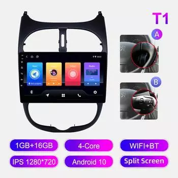 Android Car Radio For Peugeot 206 2001-2008 Мультимедийный проигрыватель Головное устройство Стерео GPS Навигация BT WIFI 1+16 ГБ 1+16GB,A