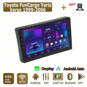 Android Carplay автомобильное радио для Toyota FunCargo Yaris Verso 1999-2006 мультимедийный проигрыватель головное устройство стерео GPS навигация BT WIFI 4+64 ГБ 1+16GB