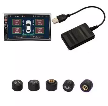 Android TPMS для автомобильного радио DVD-плеера Система контроля давления в шинах Запасное колесо Внешние 5 датчиков Отображение в реальном времени USB TMPS