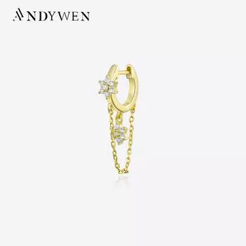 ANDYWEN, 100% стерлингового серебра 925 пробы, Золотая цепочка с цветком, висячие серьги-подвески, клипсы для пирсинга, 2023, женские свадебные ювелирные украшения M