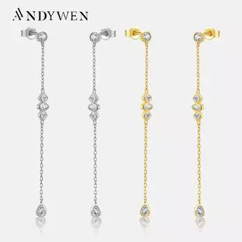 ANDYWEN 925 пробы серебро длинная цепочка длинные серьги VERTICE кристалл золото пирсинг женские роскошные ювелирные изделия M