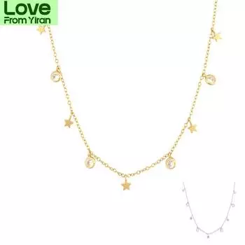 Andywen 925 Sterling Silver Gold Star Zircon Charm Choker Necklace Long Chain Jewelry Tiny Jewels Wedding Gift золотой