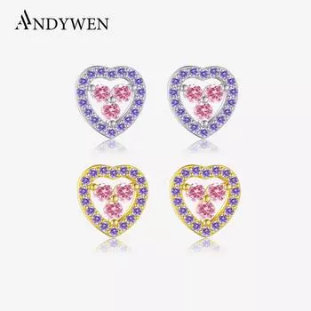 ANDYWEN 925 Sterling Silver Stud Earrings Ladies Cute Heart Earring Colorful Cubic Zirconia Fine Jewelry for Valentine s Day Gifts m серебряный