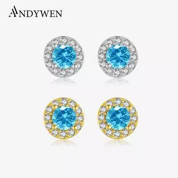 ANDYWEN 925 Sterling Silver Stud Earrings Round Cubic Zirconia Earrings Decorated Fine Jewelry for Birthday Gifts m серебряный
