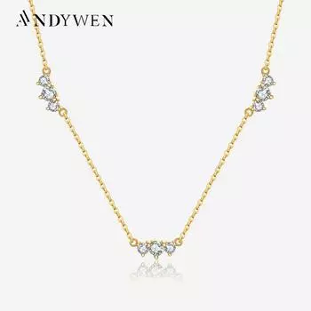 ANDYWEN, стерлинговое серебро 925 пробы, золото, три фианита, циркон, подвеска-цепочка, длинное колье с кристаллами, ожерелье для женщин, 2023, зимние украшения M