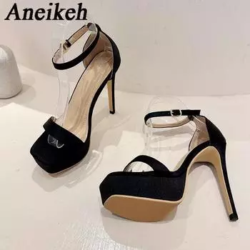 Aneikeh 2025 Summer Ultra High Heels Platform Sandals Women Ankle Buckle Strap Club Stripper Pole Dance Shoes Black Silk Pumps 35 чёрный