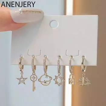 ANENEJERY серьги-кольца с цирконом в виде самолета и звезды, ключ, серьги-кольца для женщин, креативный комплект серег ручной работы из 6 предметов