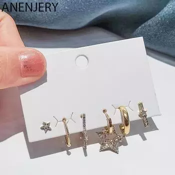 ANENJERY, 6 шт./компл., комплект серег-кольца со звездами из микроциркона, изысканные серьги для вечеринки в стиле хип-хоп золотой
