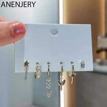 ANENJERY 6 шт./компл. серьги-кольца с цирконием и звездами и крыльями для женщин, креативный набор серег-кольца