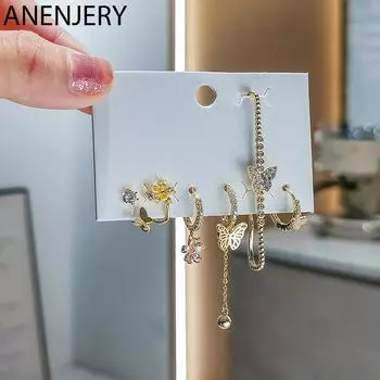 ANENJERY 6 шт./компл. серьги-кольца с бабочкой и цветком для женщин, комплект серег-клипс с блестящим микроцирконом