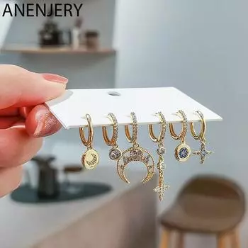 ANENJERY 6 шт./компл. серьги-кольца со звездой и луной, комплект блестящих серег с микроцирконом для женщин, роскошные ювелирные изделия
