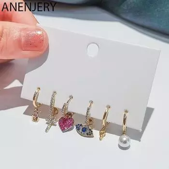 ANENJERY 6 шт./компл. серьги-кольца с глазами и ключом в форме сердца, комплект серег для женщин, роскошный жемчуг и циркон, оптовая продажа для вечеринки золотой