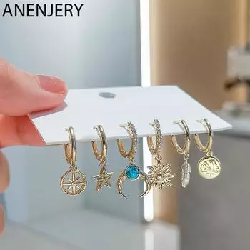 ANENJERY 6 шт./компл. серьги-кольца с луной, солнцем, звездой и листьями, комплект универсальных серег с микроцирконом для женщин