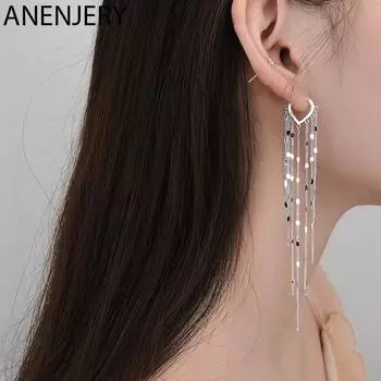 ANENJERY, блестящие длинные серьги-цепочки с кисточками из стерлингового серебра 925 пробы для женщин, легкие роскошные серьги с пряжкой в форме сердца, цельные