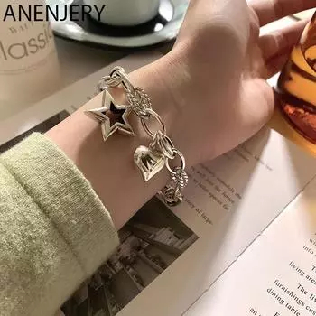 ANENJERY браслет с сердечком и звездой для женщин, тайский серебряный браслет-цепочка, вечерние ювелирные изделия, подарки, оптовая продажа