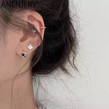 ANENJERY черные серьги-кольца с сердцем любви для женщин, простые крутые аксессуары, универсальные серебряный