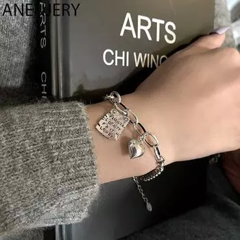 ANENJERY геометрический тайский серебряный браслет для женщин сердце шар квадратная бирка браслет ювелирные изделия подарки