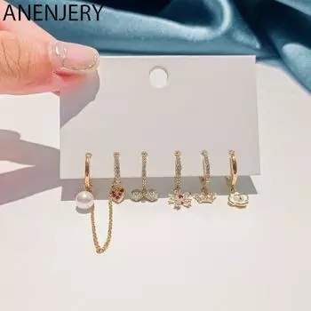 ANENJERY комплект серег из 6 предметов, микро-паве, бант, цветок, корона, сердце, серьги-кольца, женские клипсы, ювелирные изделия золотистый