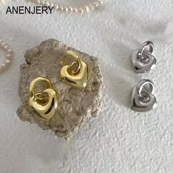 ANENJERY съемные серьги-кольца с сердечками для женщин, изысканный дизайн, пряжка для ушей, Huggies, золотистый, серебряный цвет, вечерние украшения золотой