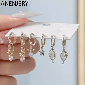 ANENJERY серьги-кольца с цирконием, звездным глазом, короной, победным жестом, серьги-кольца для женщин, комплект серег ручной работы из 6 предметов золотой