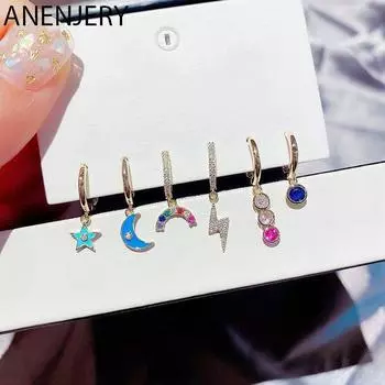ANENJERY серьги-кольца с луной и звездами для женщин, цветной циркон, комплект из 6 шт., оптовая продажа