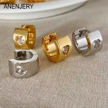 ANENJERY серьги-кольца с сердечком и цирконием для женщин и мужчин, новая мода, геометрические пряжки для ушей, Huggies