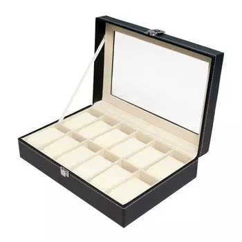 AngeliqueShop футляр для хранения часов 12 предметов черный кожаный чехол акриловый прозрачный ящик для хранения вмещает 12 предметов для 12 часов 2 ряда