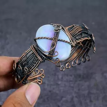 Angelite Stone Gemstone Handmade Copper Wire Wrap Cuff Bangle Adjustable d2q29