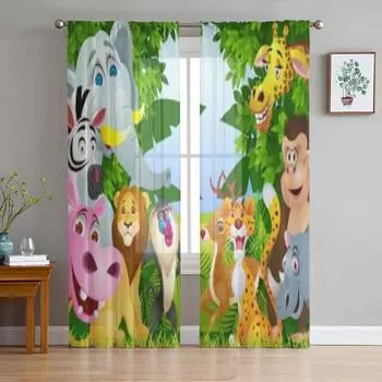 Animal Cartoon Group Tulle Sheer Curtains for Living Room Decoration Curtain for the Room Bedroom Kitchen Voile Organza Curtains 135W x 114H(cm)