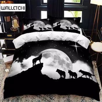 Animal Silhouette Duvet Cover Set Howling Under The Moon Animal Theme Quilt Cover for Kids Boys Microfiber King Twin Bedding Set EU single(135x200cm)
