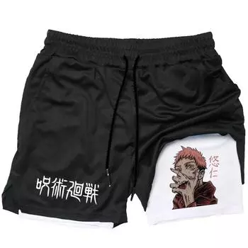 Аниме 2 в 1 компрессионные шорты Gojo Satoru Print Performance Sportswear Men GYM Training Workout Male Fitness Sport Shorts S