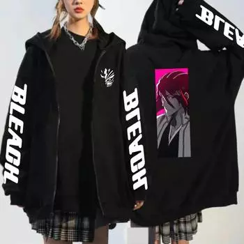 Аниме Bleach Кучики Бьякуя Печатный капюшон для мужчин и женщин Удобные толстовки с капюшоном на молнии Повседневная толстовка Harajuku Унисекс Куртка на молнии XS белый