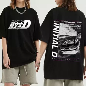 Аниме Drift AE86 Initial D двусторонняя мужская футболка Takumi Fujiwara R34 Skyline GTR JDM манга футболки с коротким рукавом Повседневная футболка S чёрный