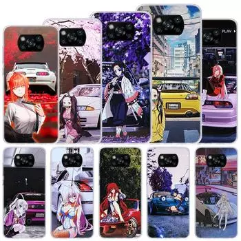 Anime Girl JDM Sports Car Drift Soft Case For Xiaomi Poco X3 NFC X4 M4 Pro M3 M2 Phone Cover F3 F2 F1 Mi Note 10 Lite A3 A2 A1 F Xiaomi Poco X3
