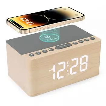 ANJANK Bluetooth-динамик с деревянным будильником FM, беспроводной USB-зарядкой, светодиодным дисплеем для сна с цифровым стильным столиком для настольных часов, радио, зарядного устройства,