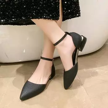 Ankle Buckle Low Heels Pumps Women Pointed Toe Square Heeled Party Shoes Woman Plus Size 43 Fashion Ankle Strap Casual Shoes 33 чёрный
