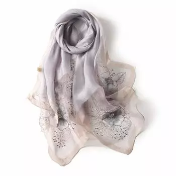 ANMIDA Large Silk Shawl with Floral Perfect for Spring and Elegant and Perfect for Beach Trips and Sun UV Protection Stole, Scarf, Embroidery, Summer, серый