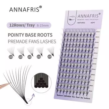 ANNAFRIS 10D 12D 14D 16D 20D Готовые веерные наращивание ресниц Тонкие заостренные корни с русыми объемными ресницами Мягкие натуральные накладные ресницы 10D 0.05mm C 8-15mm MIX чёрный