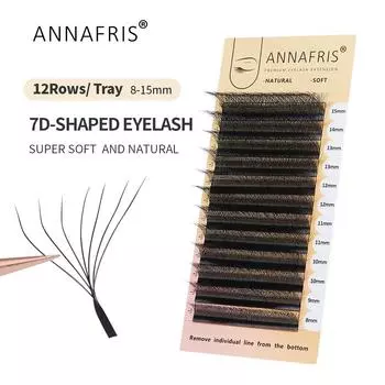 ANNAFRIS 7D W-образные ресницы Готовые веерные ресницы Наращивание натуральных мягких 7D W Цветочные ресницы 0.07mm C 8mm чёрный