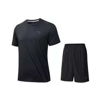 Anta Running Series однотонный свитер с круглым вырезом и коротким рукавом, футболка с прямыми шортами, повседневный спортивный комплект для мужчин, спортивная одежда, черный цвет 952425201-4 3XL