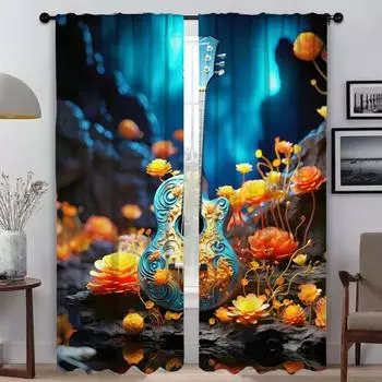Antique Guitar Blackout Curtain for Room 2 Panel Curtains for Bedroom Home Interior Curtains Halloween Decoration Shades Blinds W50xH70cmx2pcs-CL