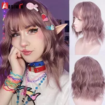 Aosiwig Bob Wig Wave Короткие розовые синие Ombre Ежедневные синтетические парики для женщин с челкой Натуральное термостойкое волокно Волосы для косплея
