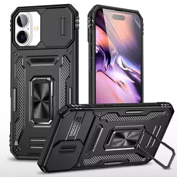 Applicable To Apple 16Promax Mobile Phone Case 15 Anti-Drop Window Push Magnetic Ring 13 Mobile Phone Holder Protective Case iphone16 красный