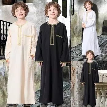 Арабский исламский кафтан для мальчиков Jubba Thobe Thawb, мусульманская одежда, абайя, детские халаты с длинными рукавами, детское повседневное платье в саудовском стиле, одежда