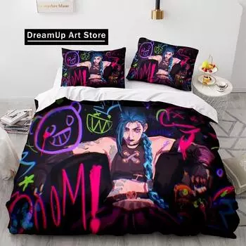 Arcane Anime Game Jinx Комплект постельного белья Комплект постельного белья Милый пододеяльник Покрывало с наволочкой Твин Одинарный Королевский размер для мальчиков Взрослых EU Single 90x200cm