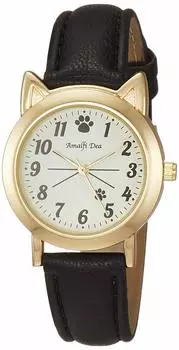 [Arias] Analog Amalfidia Waterproof Leather Strap Cat White Dial WW20026A-159 Women s Black
