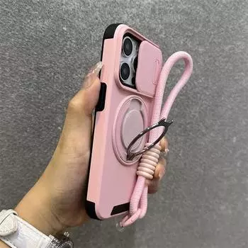 Armor Magnetic Bracket Case for iPhone 16 14 13 12 11 15 Pro Max Plus With Lanyard Slide Camera Protection Shockproof Cover For iPhone 16&Case & Strap