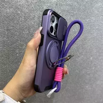 Armor Magnetic Ring Stand Holder Slide Window with Wrist Strap Phone Case for iPhone 16 15 13 12 11 14 Pro Max Plus Bumper Cover For iPhone 16&Case & Strap