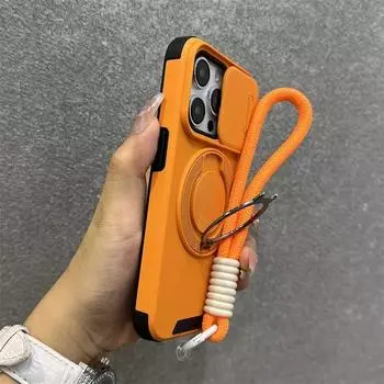 Armor Ring Stand Holder Slide Window Magnetic with Wrist Strap Phone Case for iPhone 16 15 Pro Max 13 12 11 14 Plus Bumper Cover For iphone 16